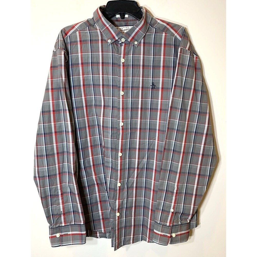 Penguin by Munsingwear Shirt‎ Mens XXL Plaid Long Sleeve Gray Cotton Poly Blend